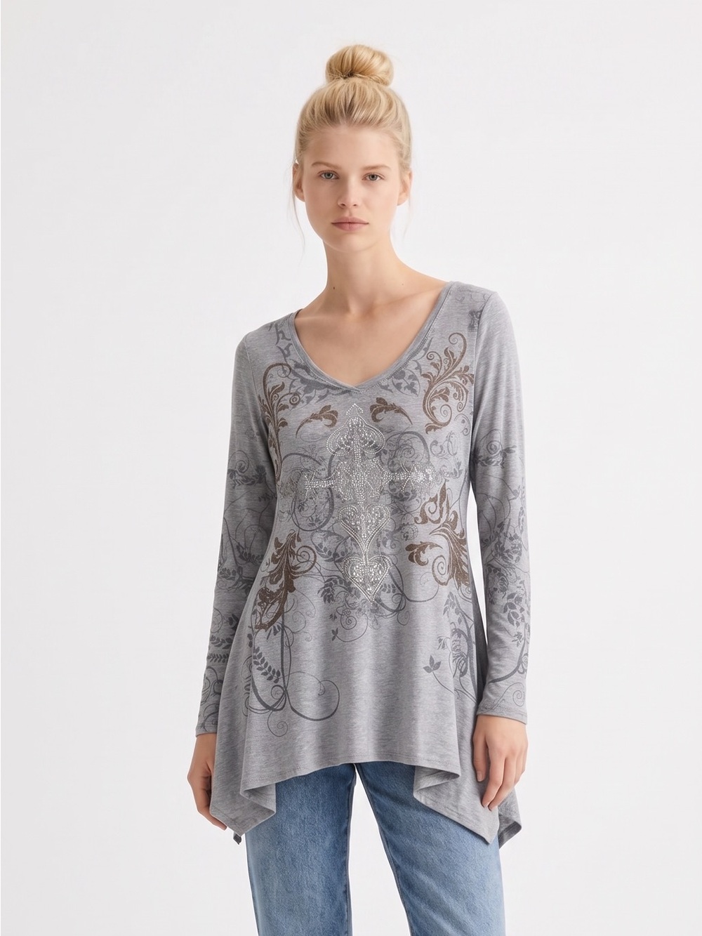 Y2K Fairycore Grey V-Neck Floral Print Long Sleeve Top. Whimsygoth. Asymmetrical